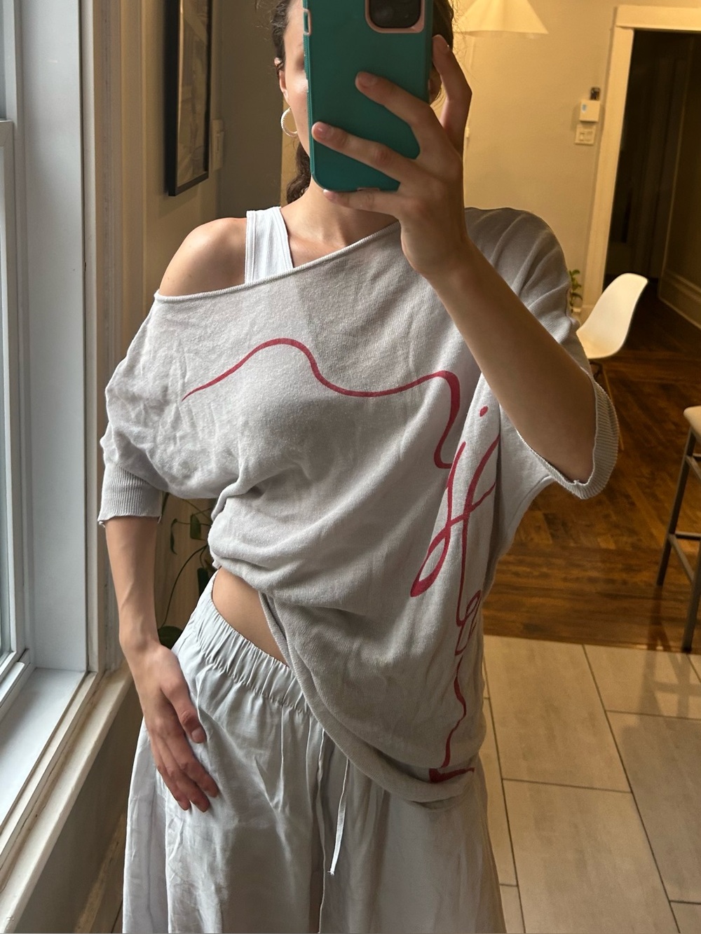 Sarah Pacini Light Gray Off-Shoulder Top with Pink Script Graphic